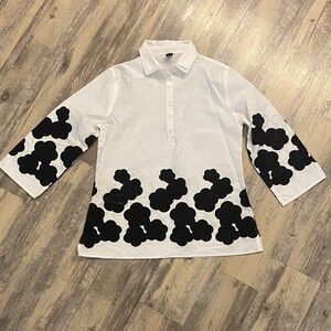 Ravel Tunic Shirt Popover White Cotton black Floral Double Collar Size S/P